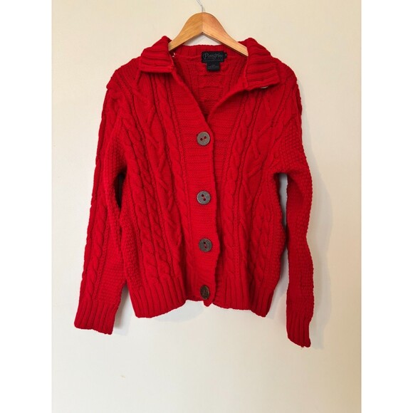 Vintage Peregrine Wool Sweater Cardigan Cable Knit Red Medium Missing 1 Button - Picture 1 of 16